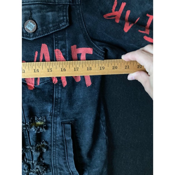 DEMOLITION Men's Distressed Black Denim Jacket Red Graphic Ripped Punk Size M - Picture 10 of 15